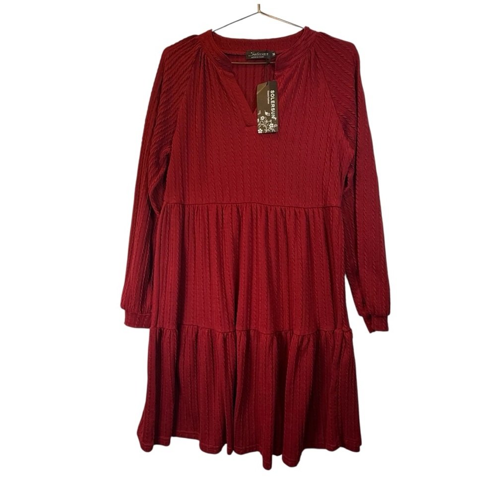 NWT SOLERSUN Classic Red Ribbed Tiered Sweater Dress Size M – Cozy & Chic!